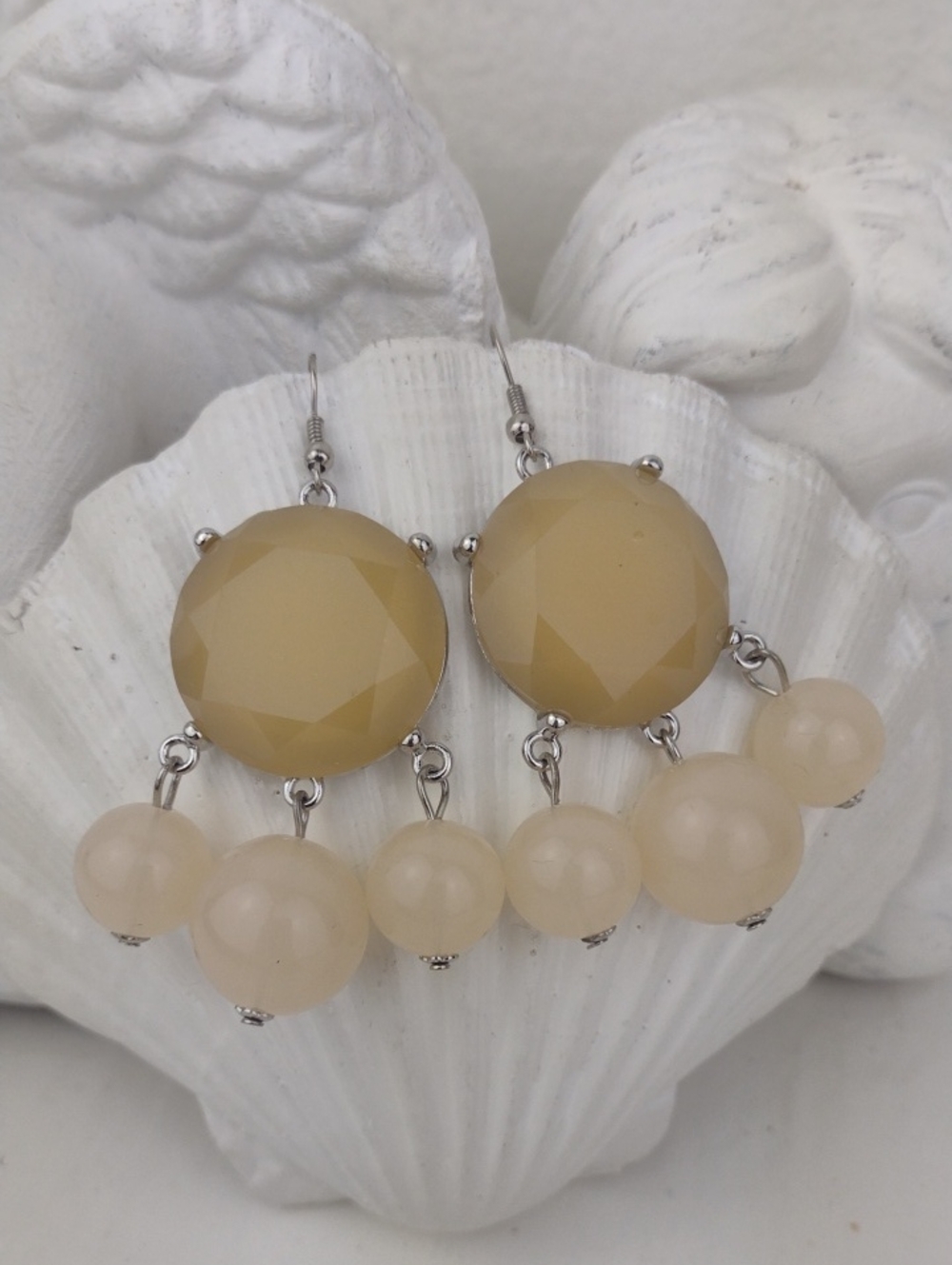 Chunky Round Glass Faceted Lemon Drop Tone Dangle Bead Fringed Earrings